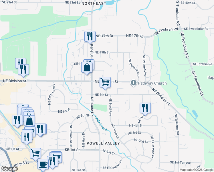 map of restaurants, bars, coffee shops, grocery stores, and more near 942 Northeast Scott Court in Gresham