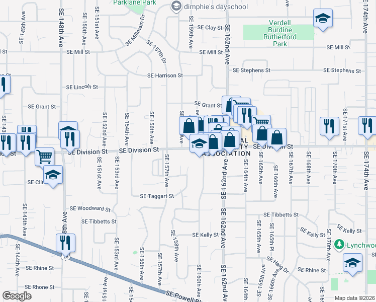 map of restaurants, bars, coffee shops, grocery stores, and more near 15758-15788 Southeast Division Street in Portland