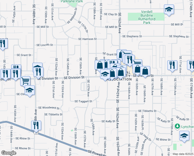 map of restaurants, bars, coffee shops, grocery stores, and more near 15758 Southeast Division Street in Portland