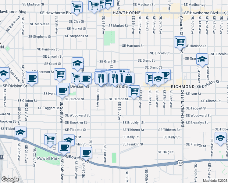 map of restaurants, bars, coffee shops, grocery stores, and more near 2546 Southeast 32nd Avenue in Portland