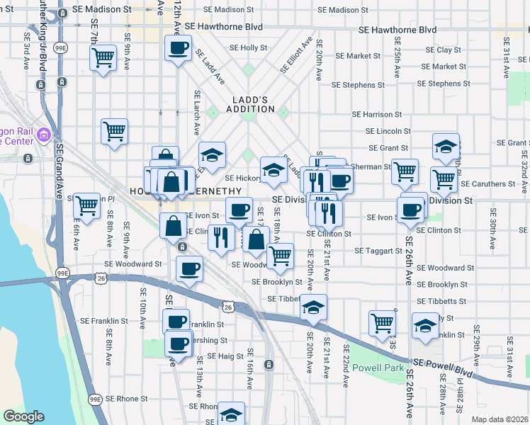 map of restaurants, bars, coffee shops, grocery stores, and more near 2603 Southeast 17th Avenue in Portland