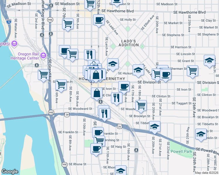 map of restaurants, bars, coffee shops, grocery stores, and more near 1328-1334 Southeast Ivon Street in Portland