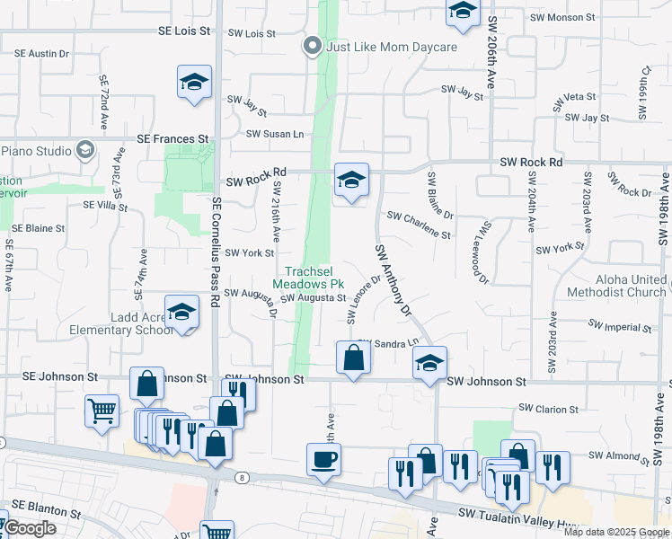 map of restaurants, bars, coffee shops, grocery stores, and more near 2181 Southwest 213th Place in Beaverton