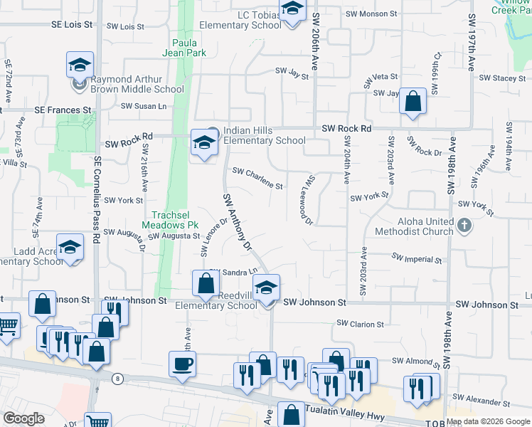map of restaurants, bars, coffee shops, grocery stores, and more near 2155 Southwest 209th Court in Aloha