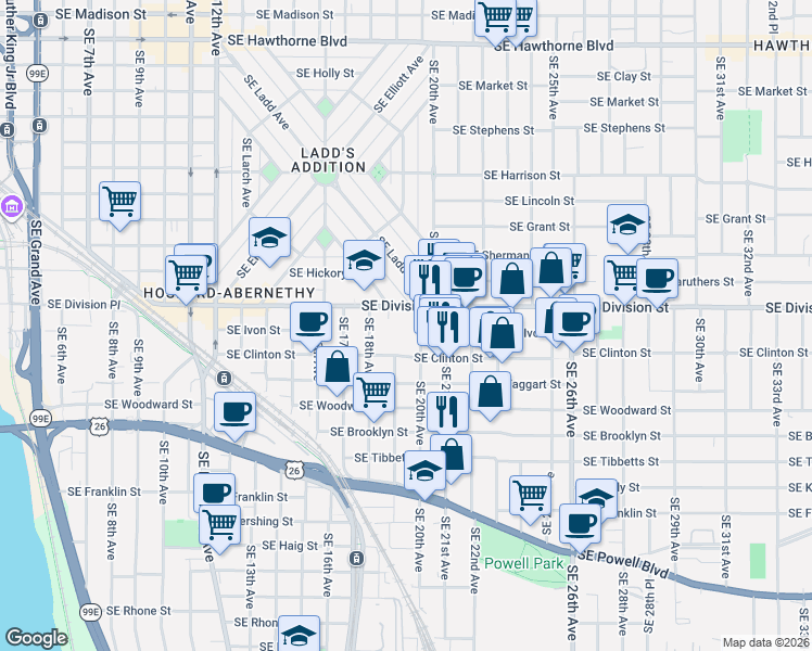 map of restaurants, bars, coffee shops, grocery stores, and more near 1954 Southeast Division Street in Portland