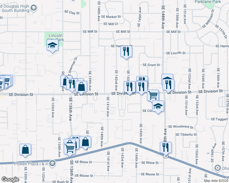 map of restaurants, bars, coffee shops, grocery stores, and more near 2443 Southeast 142nd Avenue in Portland