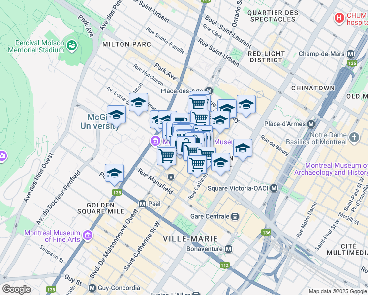map of restaurants, bars, coffee shops, grocery stores, and more near in Montreal