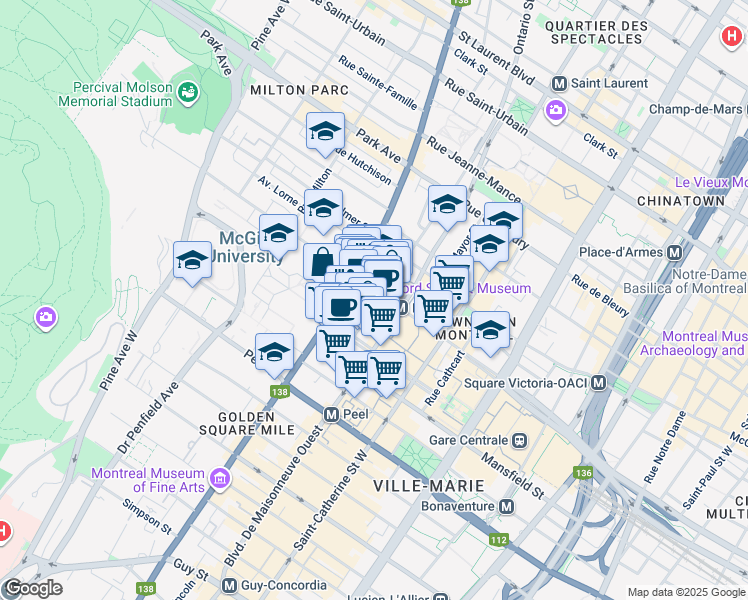 map of restaurants, bars, coffee shops, grocery stores, and more near 680 Rue Sherbrooke Ouest in Montréal