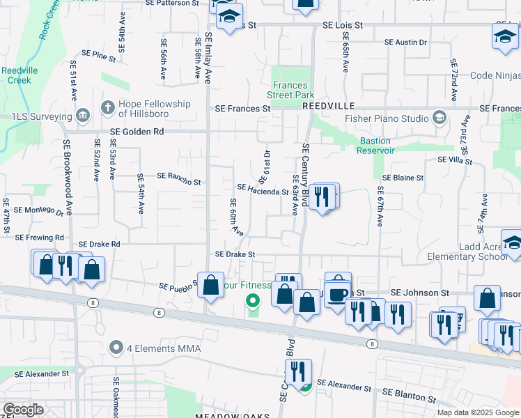 map of restaurants, bars, coffee shops, grocery stores, and more near 2053 Southeast 61st Place in Hillsboro