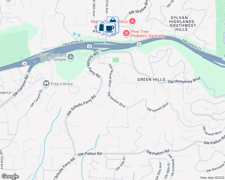 map of restaurants, bars, coffee shops, grocery stores, and more near 5535 Southwest Hewett Boulevard in Portland
