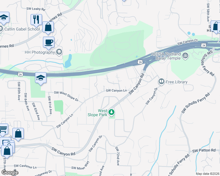 map of restaurants, bars, coffee shops, grocery stores, and more near 7116 Southwest Canyon Lane in Portland