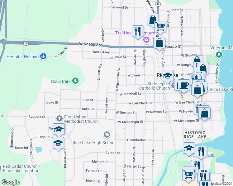 map of restaurants, bars, coffee shops, grocery stores, and more near 700 West Marshall Street in Rice Lake