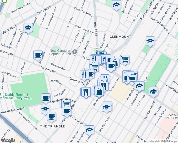 map of restaurants, bars, coffee shops, grocery stores, and more near 574 Avenue Abercorn in Mont-Royal