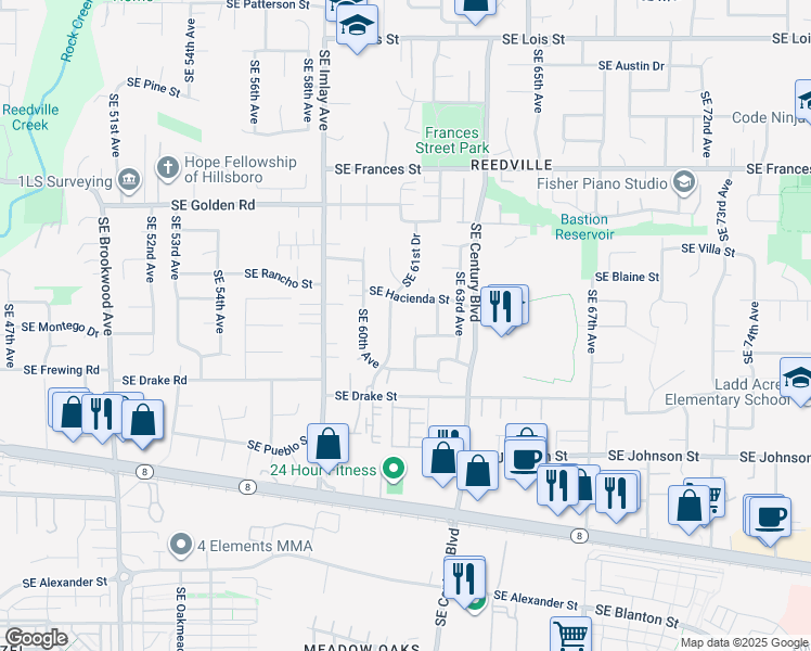 map of restaurants, bars, coffee shops, grocery stores, and more near 2053 Southeast 61st Place in Hillsboro