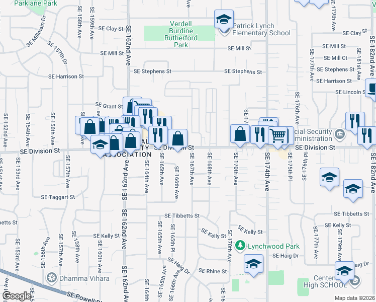 map of restaurants, bars, coffee shops, grocery stores, and more near 16650 Southeast Division Street in Portland