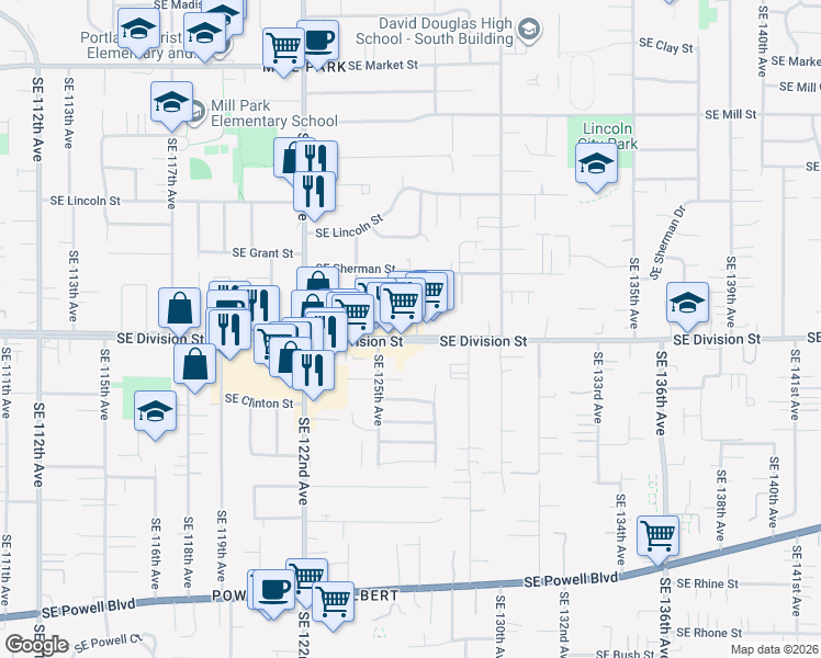 map of restaurants, bars, coffee shops, grocery stores, and more near 12630 Southeast Division Street in Portland
