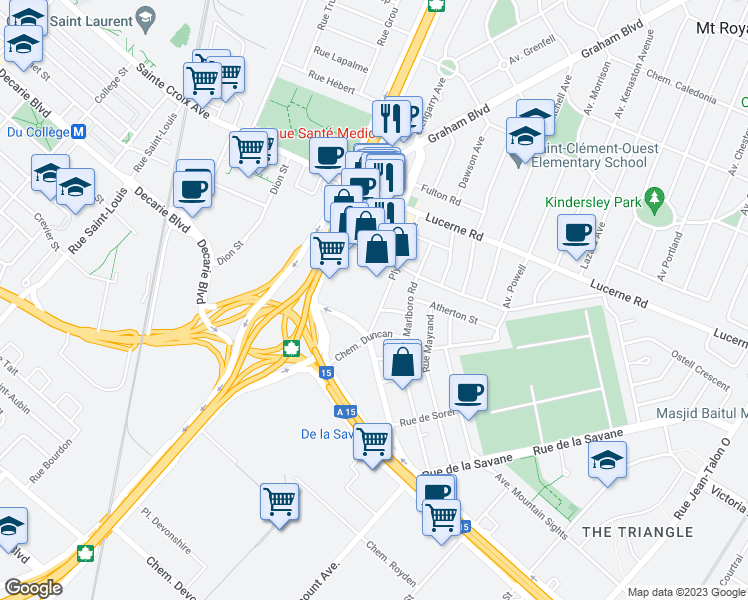 map of restaurants, bars, coffee shops, grocery stores, and more near 905 Avenue Plymouth in Mont-Royal