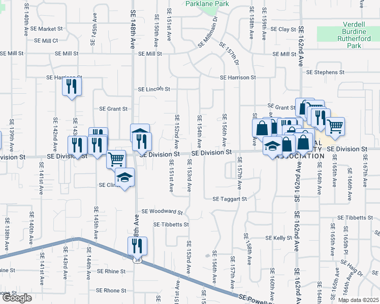 map of restaurants, bars, coffee shops, grocery stores, and more near 15305 Southeast Division Street in Portland