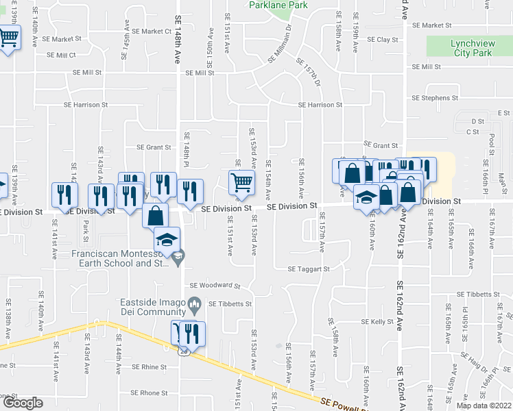 map of restaurants, bars, coffee shops, grocery stores, and more near 15311 Southeast Division Street in Portland