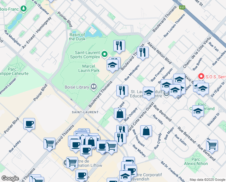 map of restaurants, bars, coffee shops, grocery stores, and more near 2705 Rue Modugno in Montreal