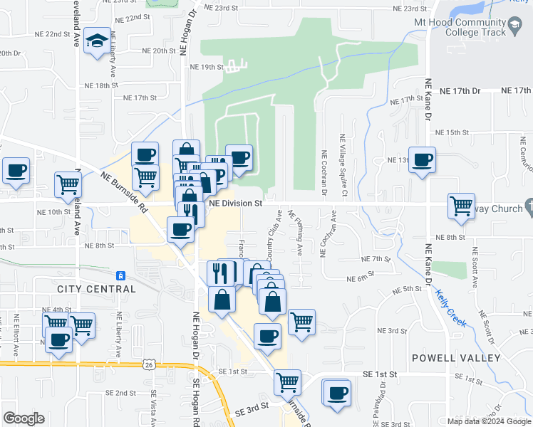 map of restaurants, bars, coffee shops, grocery stores, and more near 810A Northeast Country Club Avenue in Gresham