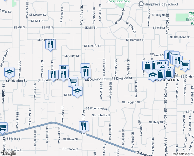 map of restaurants, bars, coffee shops, grocery stores, and more near 15040 Southeast Division Street in Portland