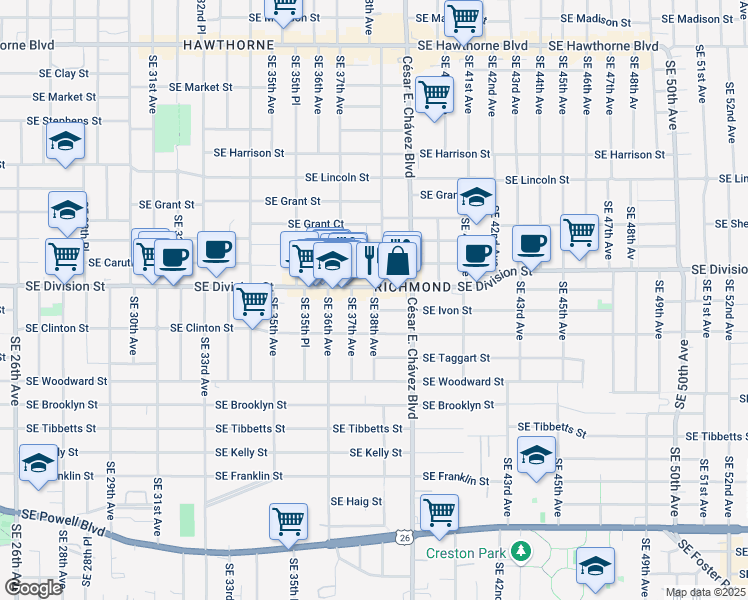 map of restaurants, bars, coffee shops, grocery stores, and more near 2550 Southeast 37th Avenue in Portland