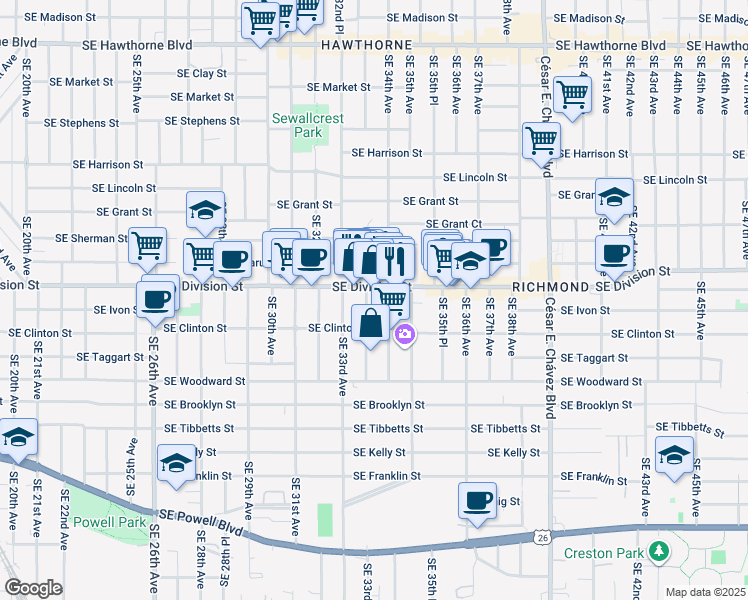 map of restaurants, bars, coffee shops, grocery stores, and more near 2600 Southeast 34th Avenue in Portland