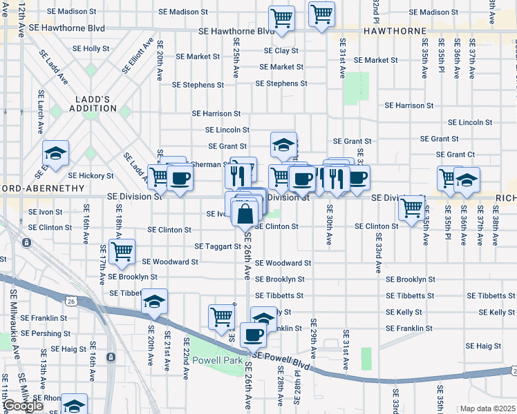 map of restaurants, bars, coffee shops, grocery stores, and more near 2715 Southeast Clinton Street in Portland