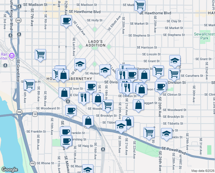 map of restaurants, bars, coffee shops, grocery stores, and more near 2614 Southeast 18th Avenue in Portland