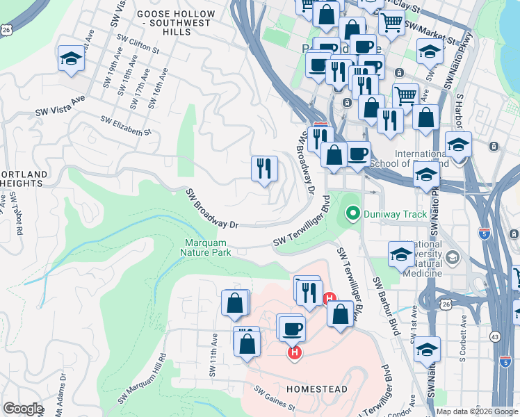 map of restaurants, bars, coffee shops, grocery stores, and more near 855 Southwest 9th Avenue in Portland