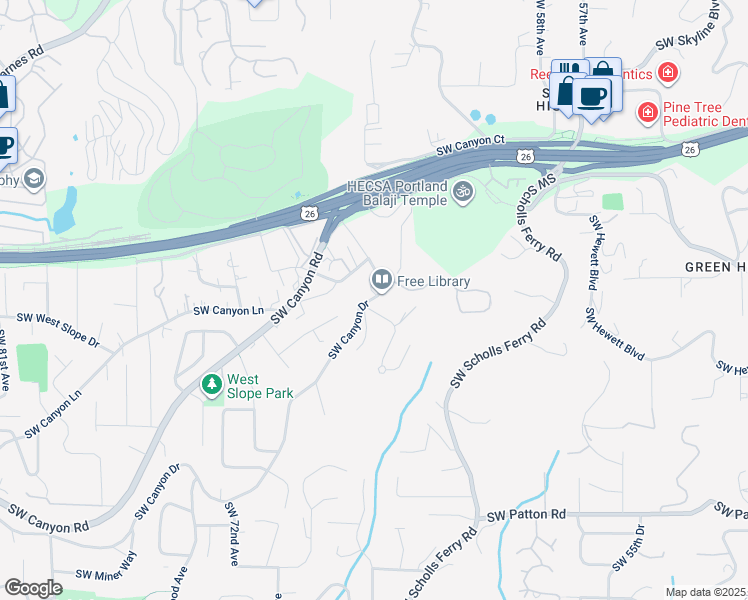 map of restaurants, bars, coffee shops, grocery stores, and more near 6687 Southwest Canyon Drive in Portland