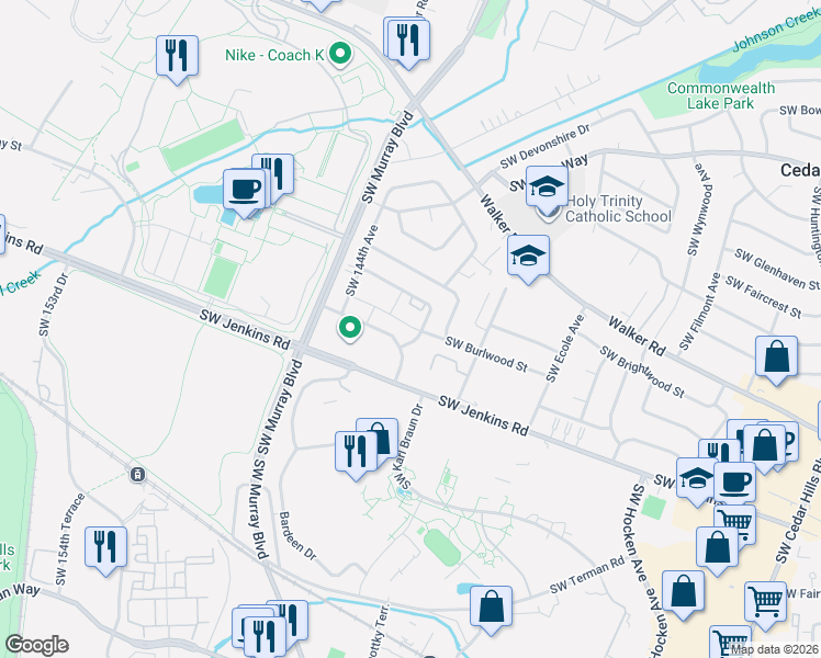 map of restaurants, bars, coffee shops, grocery stores, and more near 14055 Southwest Meridian Street in Beaverton