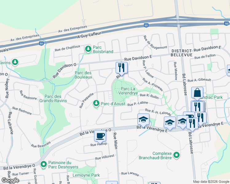 map of restaurants, bars, coffee shops, grocery stores, and more near 730 Rue Main in Gatineau