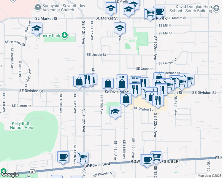 map of restaurants, bars, coffee shops, grocery stores, and more near 11529 Southeast Division Street in Portland
