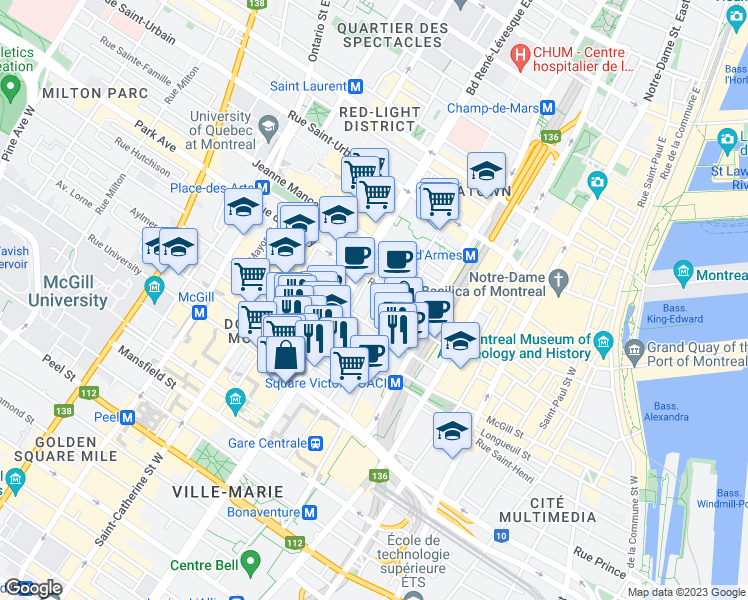 map of restaurants, bars, coffee shops, grocery stores, and more near 385 Rue Dowd in Montréal
