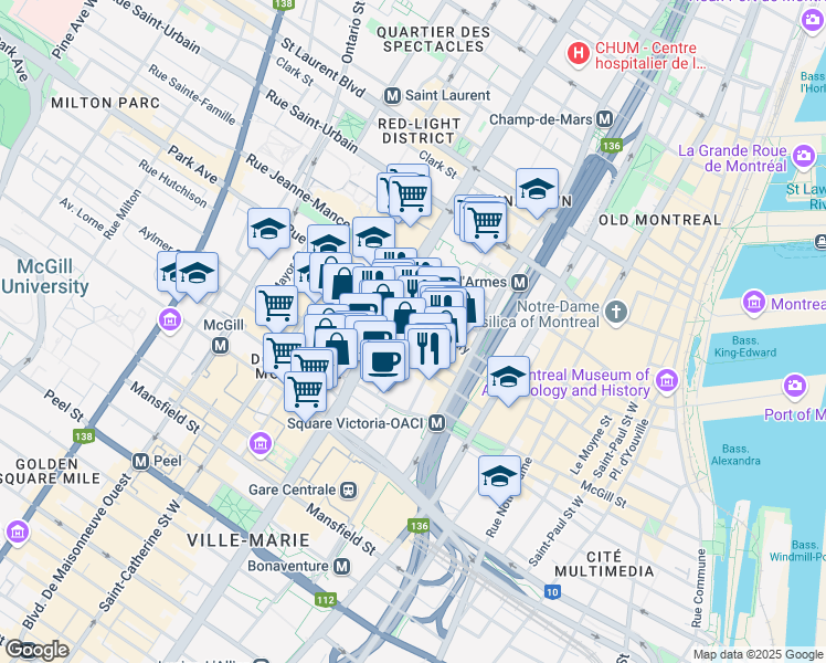 map of restaurants, bars, coffee shops, grocery stores, and more near 385 Rue Dowd in Montréal