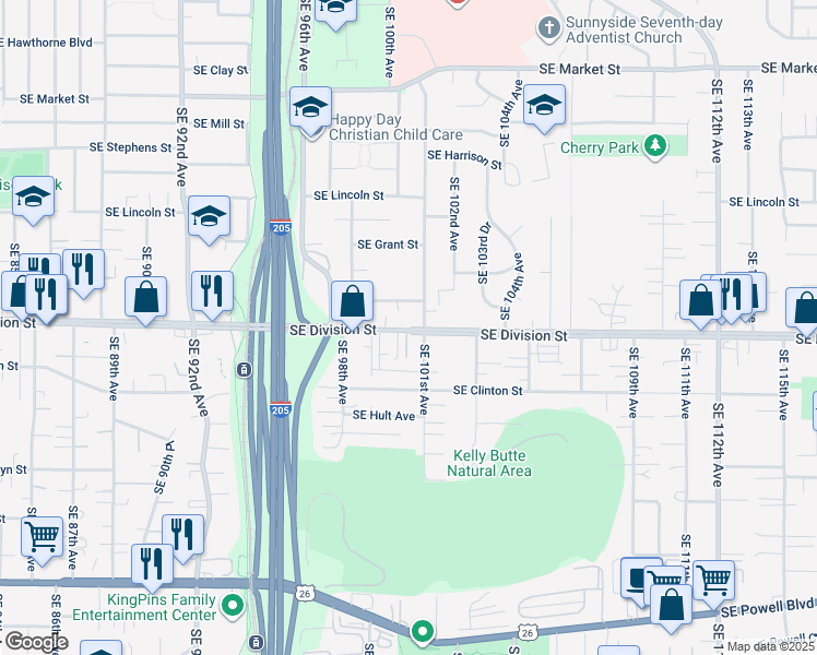 map of restaurants, bars, coffee shops, grocery stores, and more near 9833 Southeast Division Street in Portland