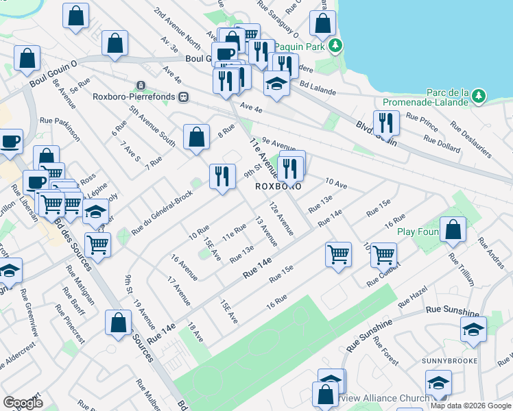 map of restaurants, bars, coffee shops, grocery stores, and more near 35 13e Avenue in Montréal