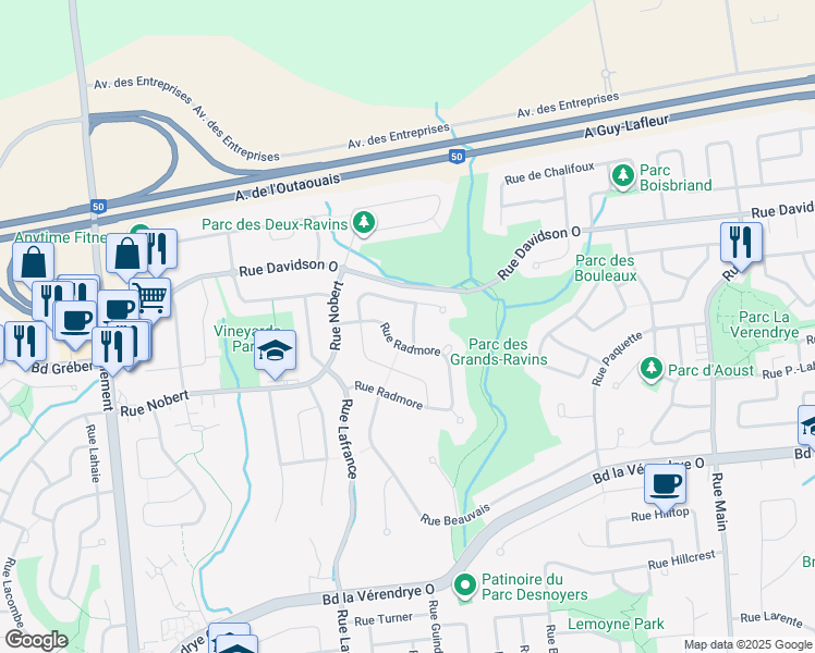 map of restaurants, bars, coffee shops, grocery stores, and more near 19 Rue Barber in Gatineau