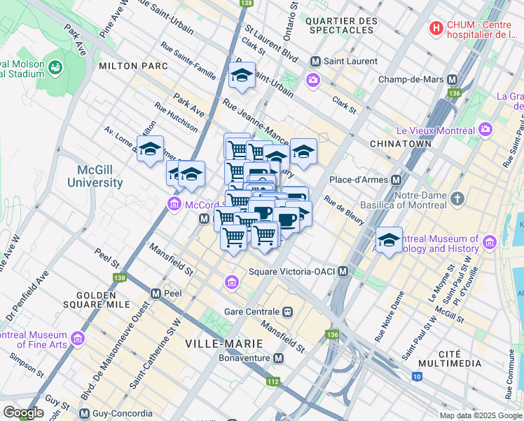 map of restaurants, bars, coffee shops, grocery stores, and more near 1235 Phillips Square in Montreal