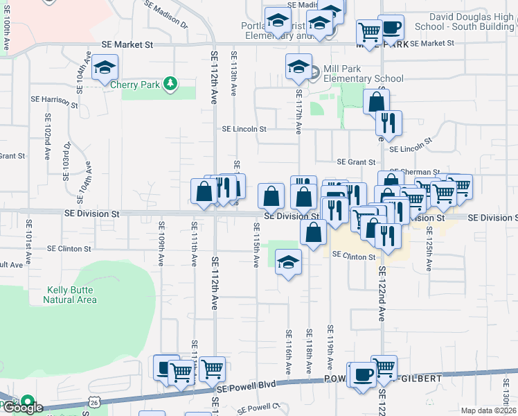 map of restaurants, bars, coffee shops, grocery stores, and more near 11511 Southeast Division Street in Portland