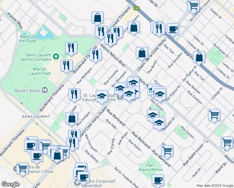 map of restaurants, bars, coffee shops, grocery stores, and more near 2350 Boulevard de la Côte Vertu in Montréal