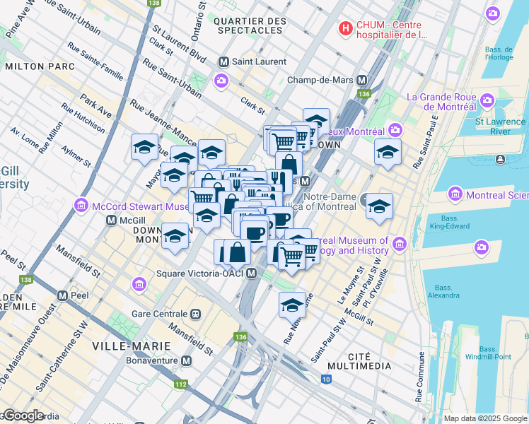 map of restaurants, bars, coffee shops, grocery stores, and more near 1041 Rue de Bleury in Montréal