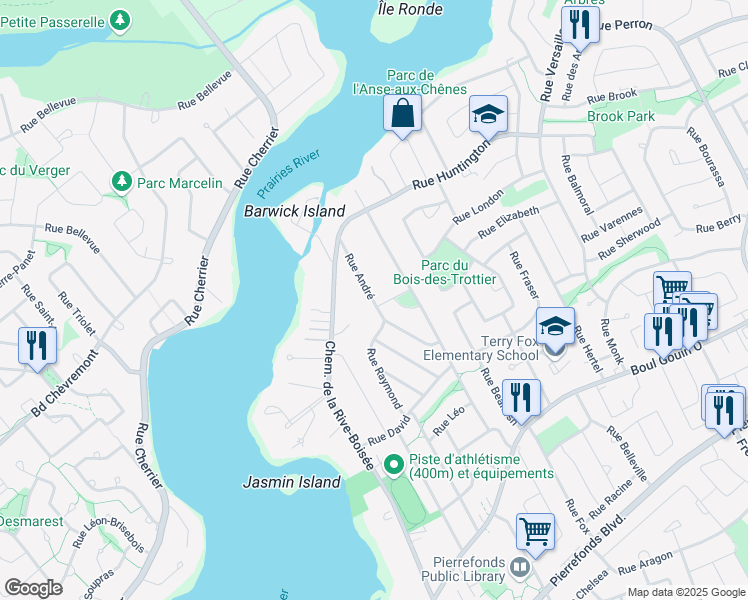 map of restaurants, bars, coffee shops, grocery stores, and more near 13405 Rue Rita in Montréal