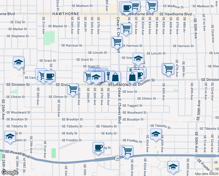 map of restaurants, bars, coffee shops, grocery stores, and more near 3810 Southeast Division Street in Portland