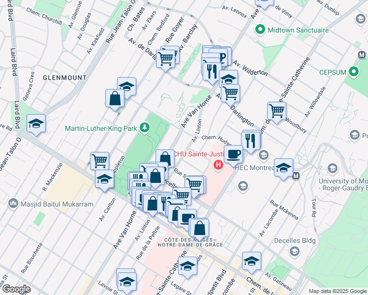 map of restaurants, bars, coffee shops, grocery stores, and more near 3145 Avenue Linton in Montrã©Al