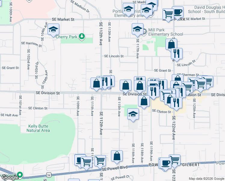 map of restaurants, bars, coffee shops, grocery stores, and more near 11311 Southeast Division Street in Portland