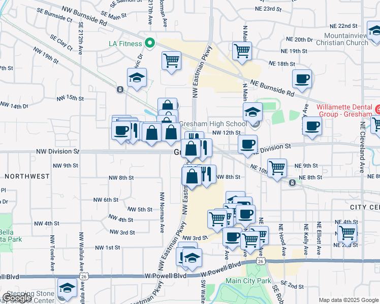 map of restaurants, bars, coffee shops, grocery stores, and more near in Gresham