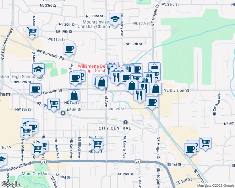map of restaurants, bars, coffee shops, grocery stores, and more near 1190 Northeast Division Street in Gresham